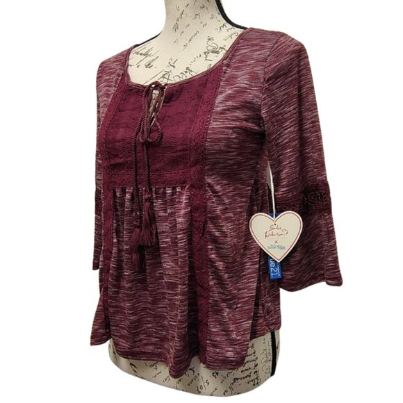 New Burgundy Lace & Knit Peasant Peplum Top Bell Sleeves - Boho Hippie Fall Folk - Picture 2 of 8